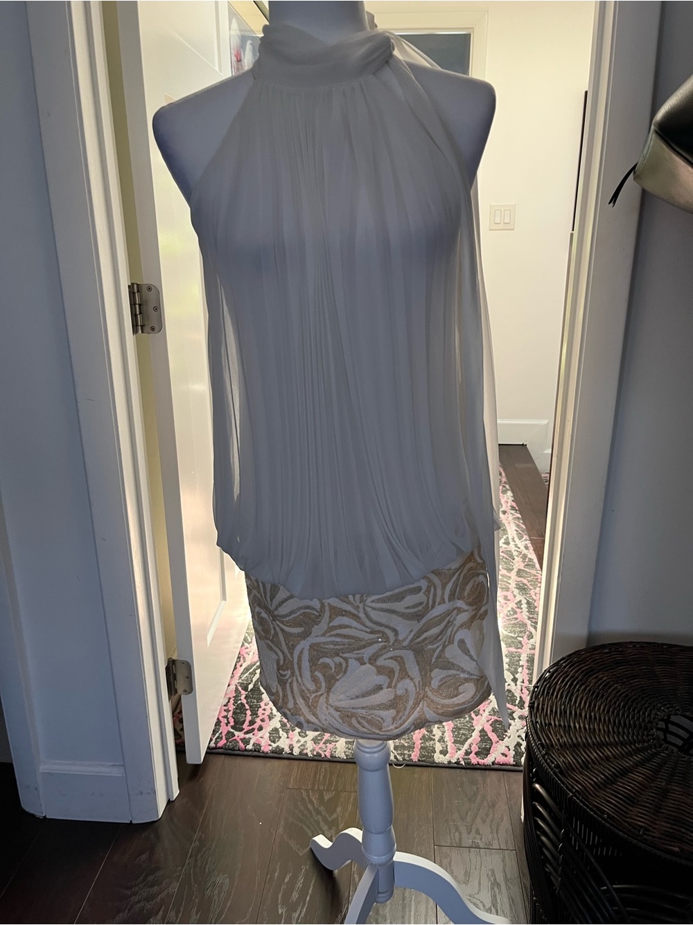Cache White Halter Gorgeous Like New Mini Dress with Gold Embellished Skirt